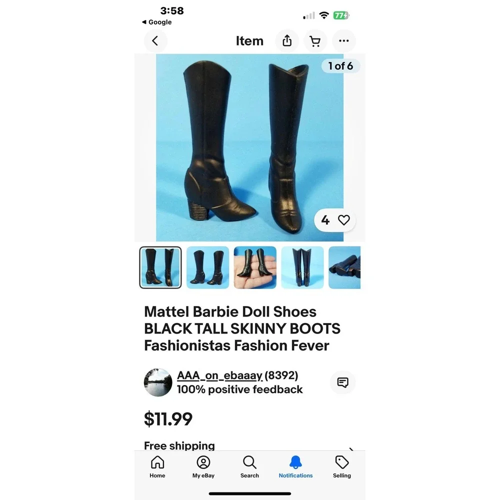 Mattel Barbie Doll Shoes BLACK TALL SKINNY‎ BOOTS Fashionistas Fashion Fever